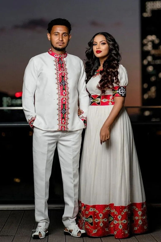 Contemporary Elegance: Habesha Couples' Ensemble in Menen and Pisi Fabrics