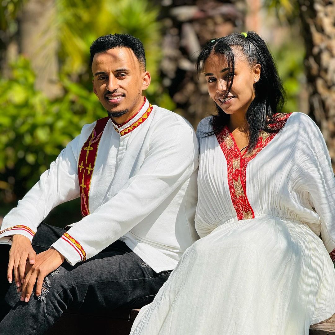 Timeless Unity: Simple Red Menen Habesha Couples' Ensemble Habesha Couple's Outfit