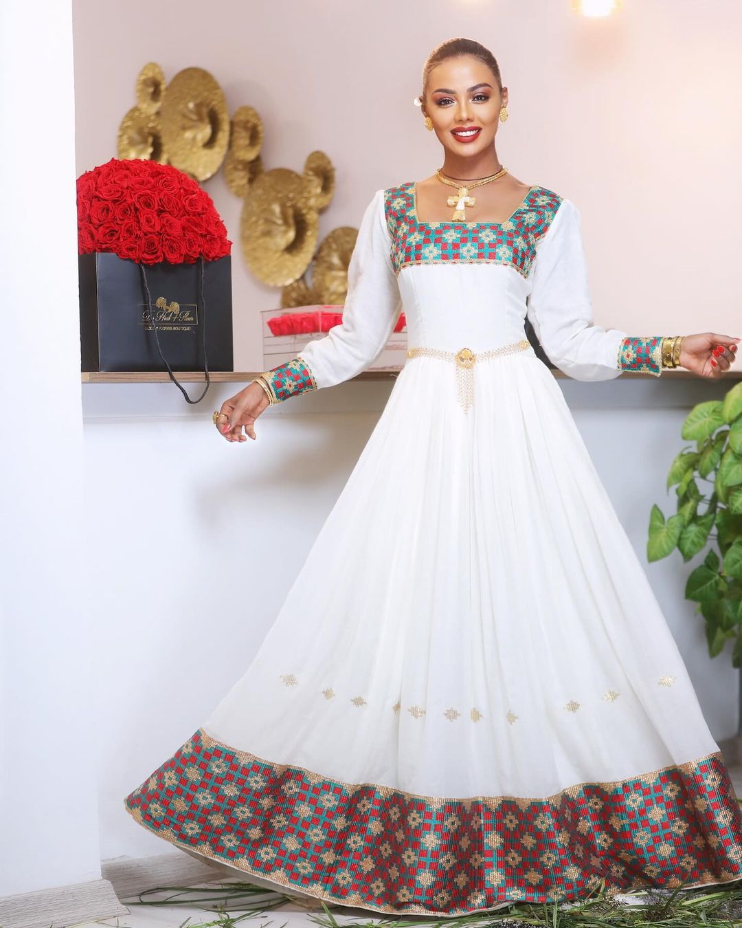 Chic Elegance: Gorgeous Habesha Dress with Exquisite Patterns in Menen Fabric and Cotton Blend