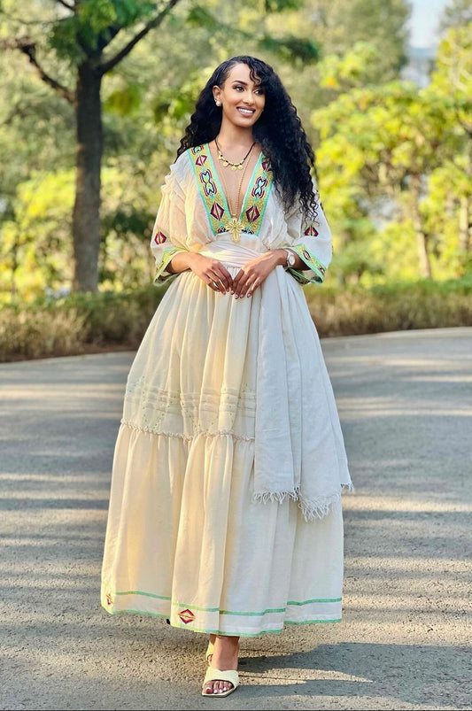 Radiant Sophistication: Lemon Green Cotton Habesha Kemis, a Modern Marvel of Ethiopian Elegance