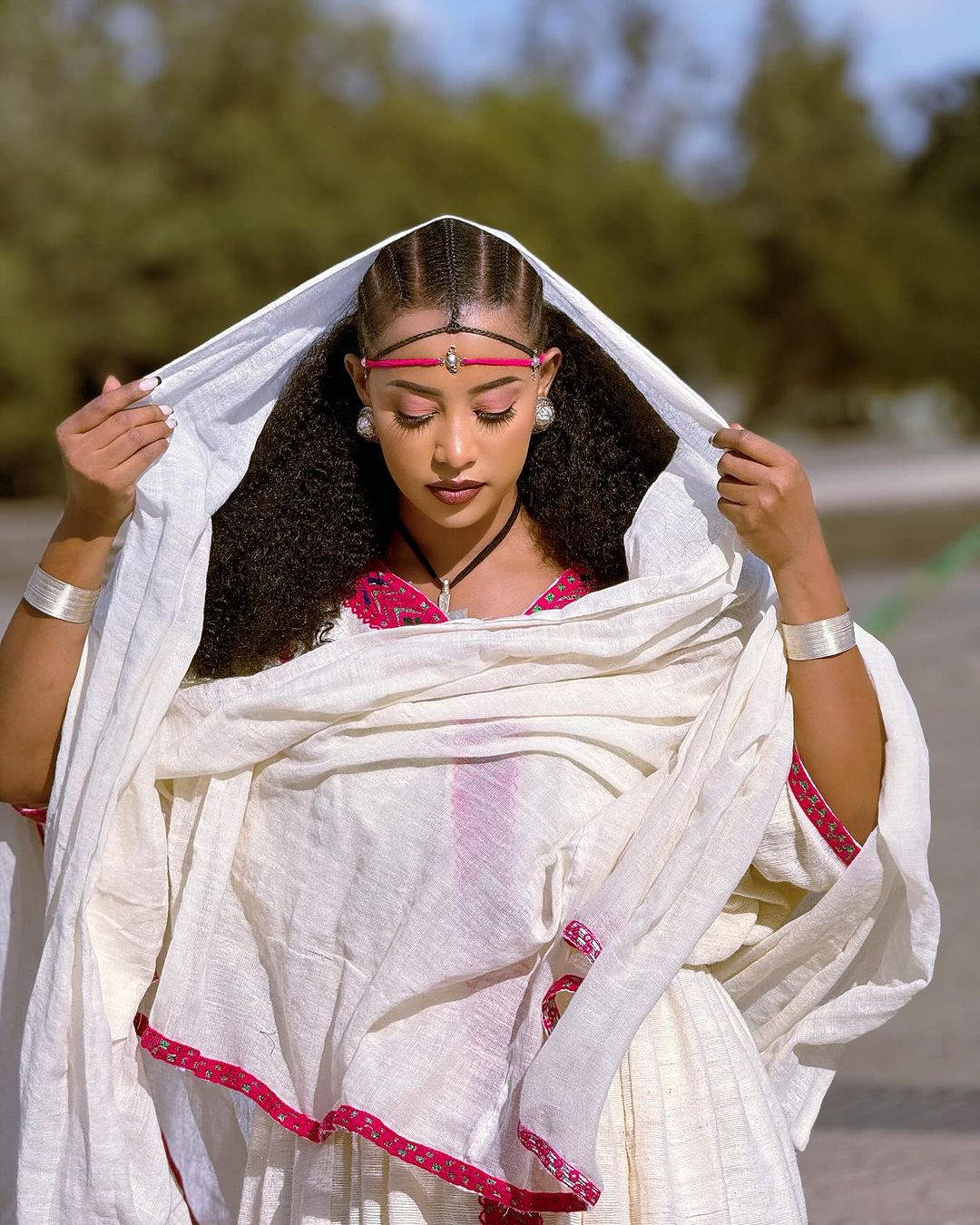 Elegance in Pink: Handwoven Fetil Fabric and Cotton Blend Habesha Kemis - A Stunning Ethiopian Dress