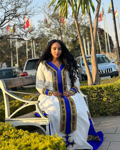 Elegant Indigo Harmony: Modern Menen Fabric in Habesha Kemis