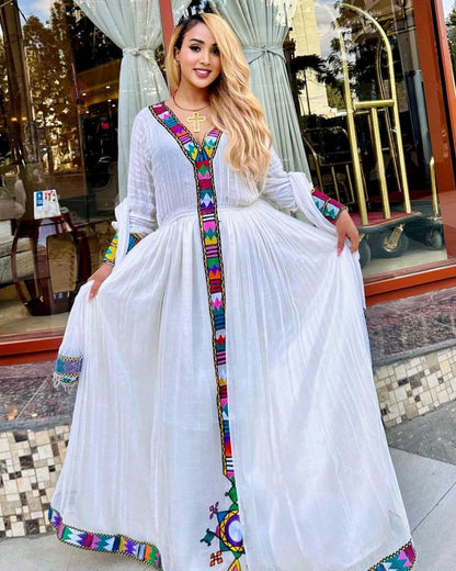 Chic Habesha Elegance: Modern Menen Fabric Ethiopian Dress