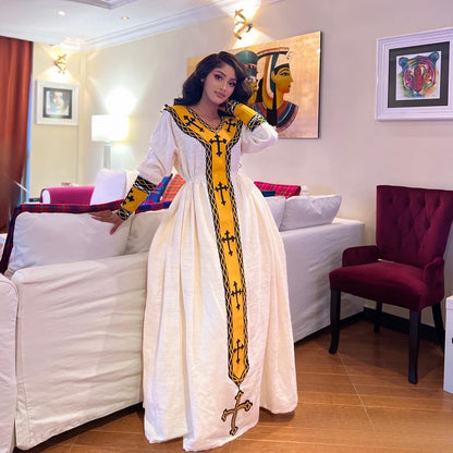 Radiant Ethiopian Elegance: Handwoven Cotton Habesha Dress in Vibrant Yellow