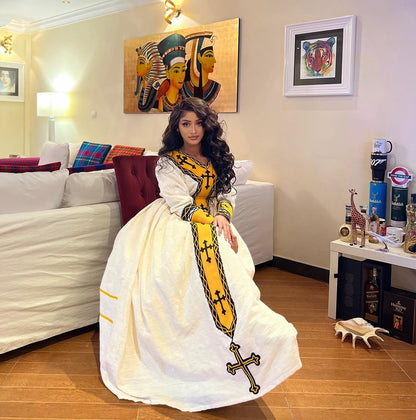 Radiant Ethiopian Elegance: Handwoven Cotton Habesha Dress in Vibrant Yellow
