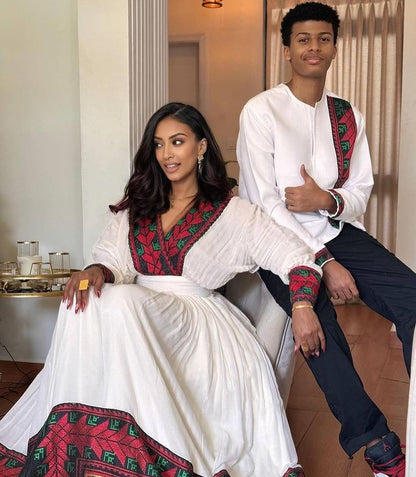 Modern Elegance in Deep Red: Stylish Habesha Couples Outfit for Special Occasions