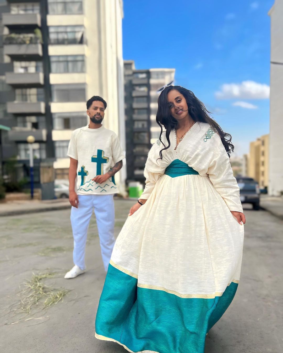 Azure Harmony: Couples' Ethiopian Outfit in Menen Fabric Habesha Couple's Outfit