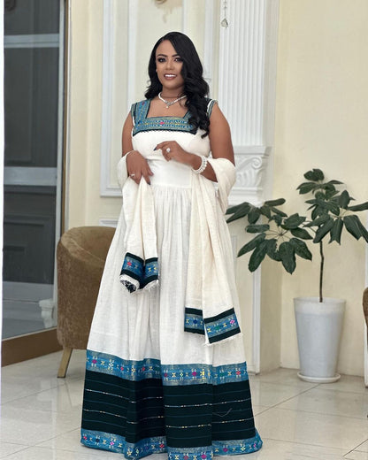 Contemporary Chic: Modern Blue & Dark Accents in Habesha Kemis - Embrace Ethiopian Elegance