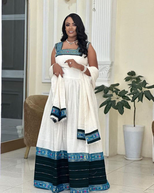 Modern Blue & Dark Design Habesha Kemis Embrace Ethiopian Elegance