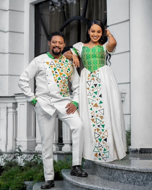 Contemporary Elegance: Habesha Wedding Attire with Modern Green Designs for Ethiopian Couples