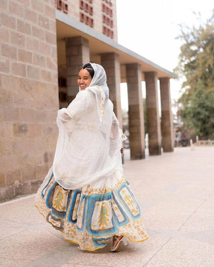 Blue and orange design habesha dress exquisite design habesha kemis