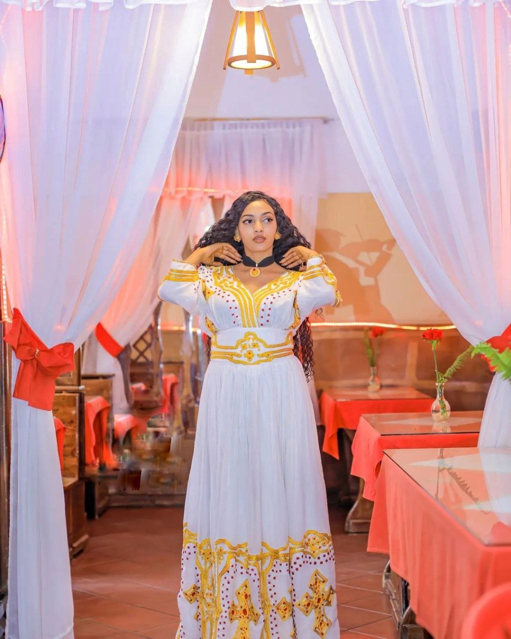Vibrant Sophistication: Modern Orange Twist in Habesha Kemis - Ethiopian Dress