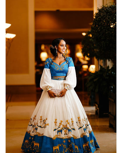Ethereal Elegance Habesha Couples Outfit Blue Design in Classy Habesha Wedding Attire / including man's pants and shoes