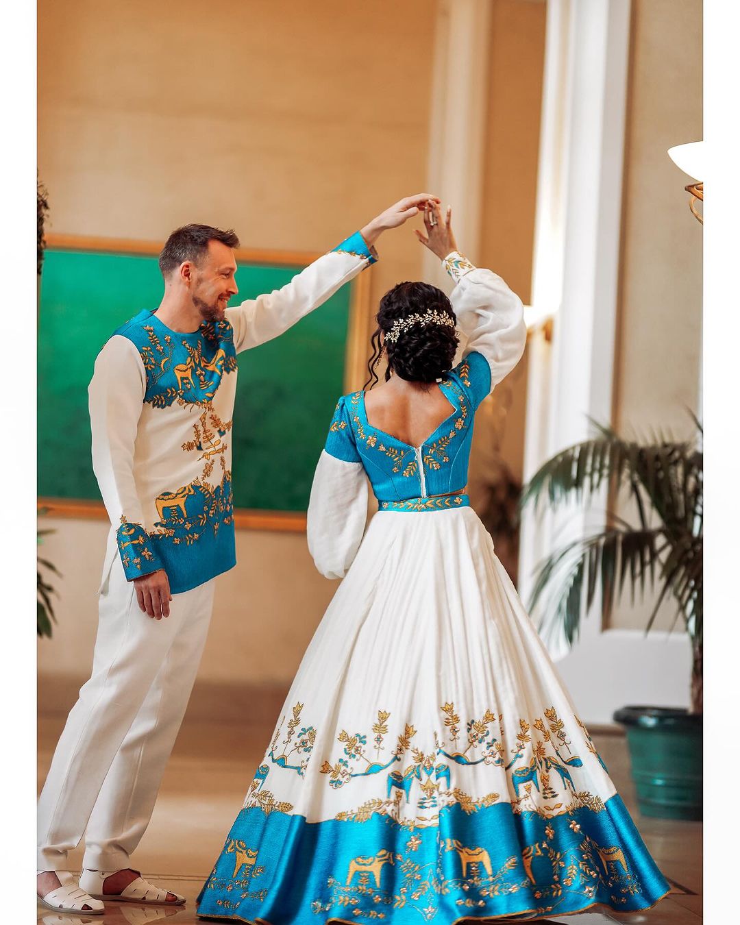 Ethereal Elegance Habesha Couples Outfit Blue Design in Classy Habesha Wedding Attire / including man's pants and shoes