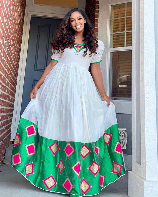 Adorning the Habesha Kemis with Pink Diamond-like Designs Habesha Dress Modern Ethiopian Dress Style