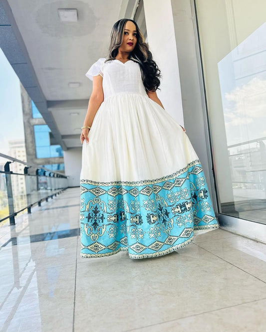 Blue Wide Tilet Habesha Dress Modern Habesha Kemis Design Ethiopian Dress Style