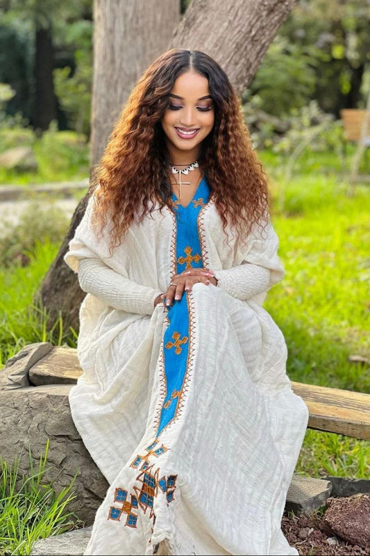Pretty Habesha Dress with Blue Embroidery: for All Types of Cultural Occasions Ethiopian Dress
