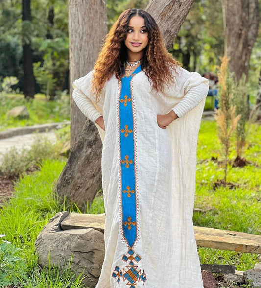 Pretty Habesha Dress with Blue Embroidery