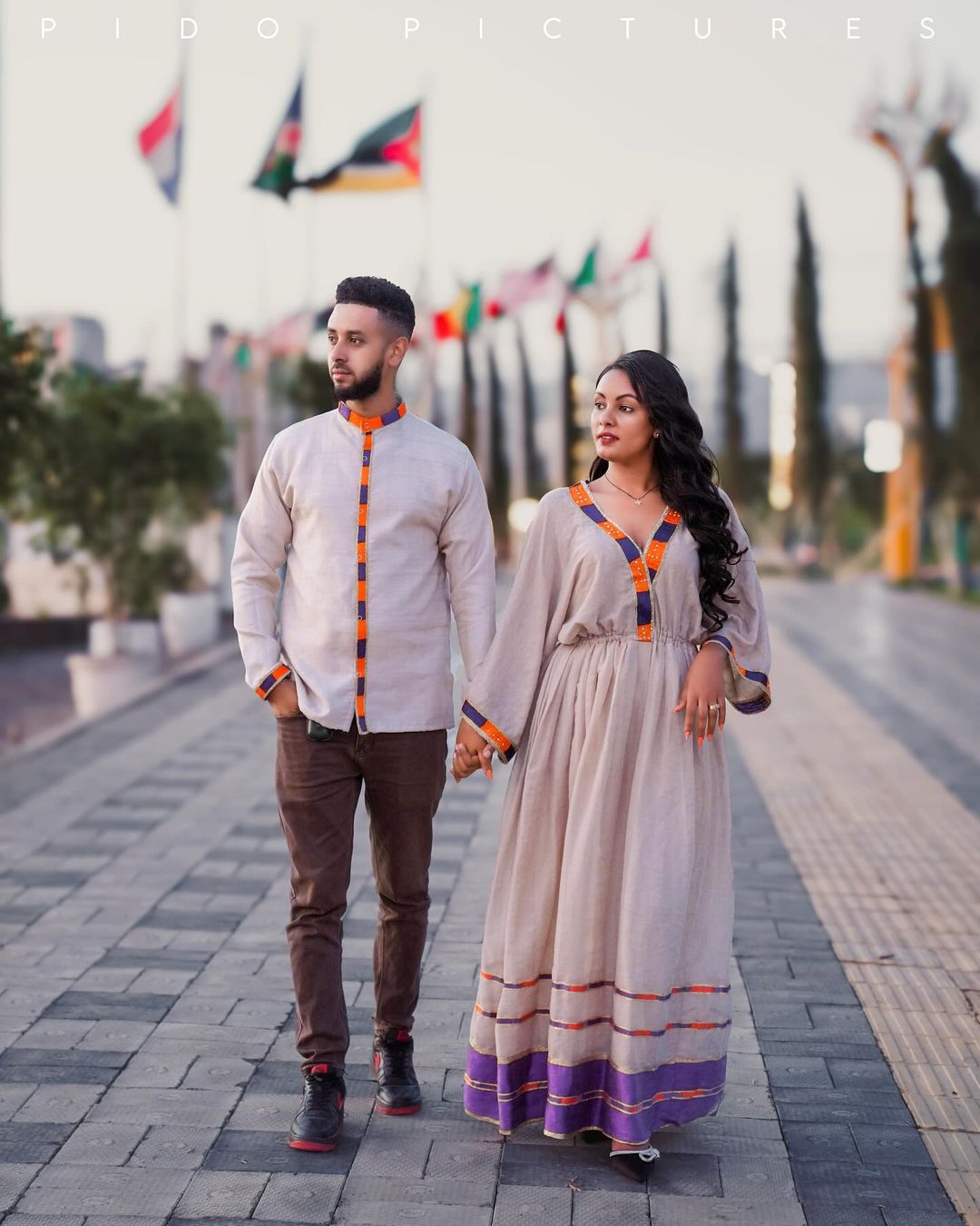 Purple and Orange Design Habesha Couples Outfit Modern Ethiopian Wedding Outfit Matching Couples Outfit