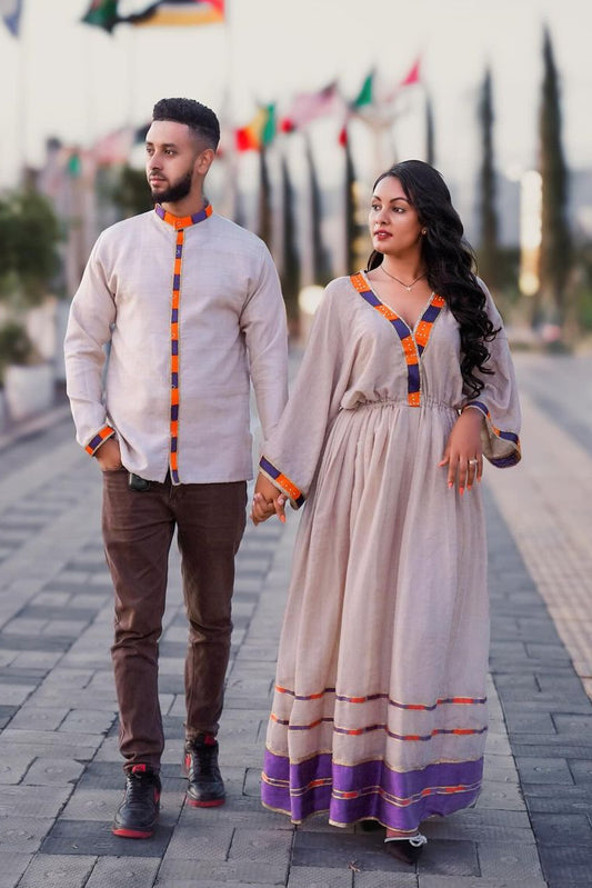Purple and Orange Design Habesha Couples Outfit Modern Ethiopian Wedding Outfit Matching Couples Outfit