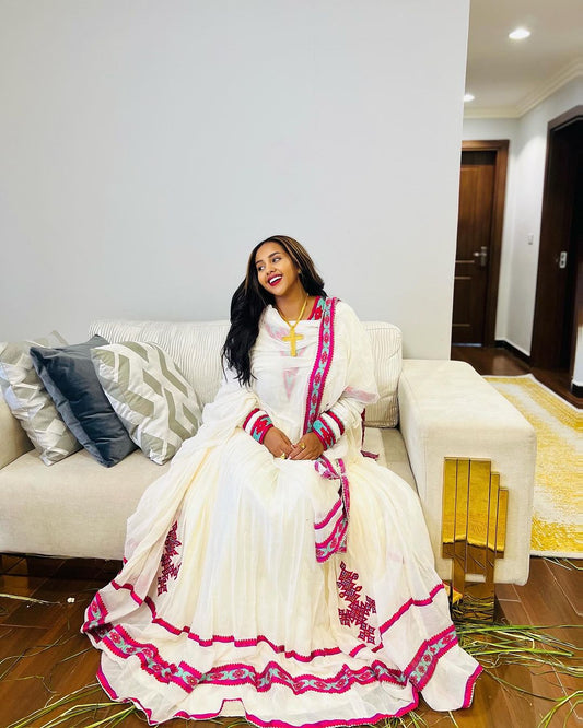 Pink Tilet Exquisite Habesha Dress Modern Habesha Kemis Ethiopian Dress Style Traditional Habesha Libs