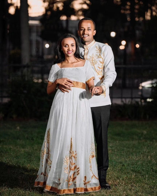 Simplistic Brown Habesha Couples Outfit Modern Ethiopian Wedding Outfit Matching Couples Outfit