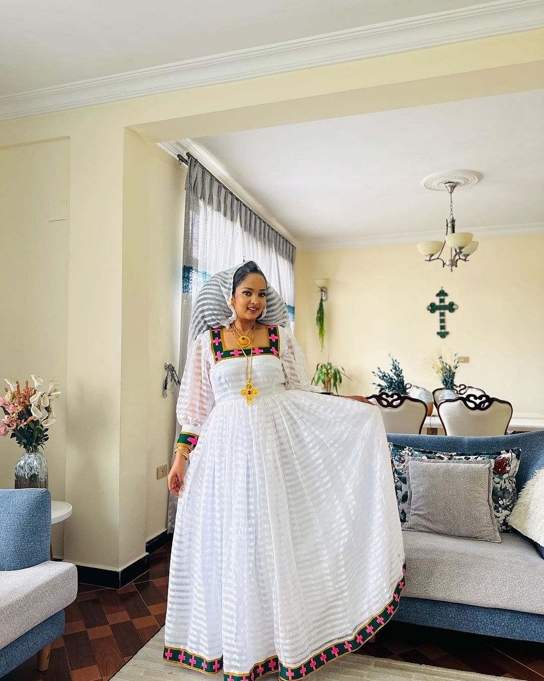 Chic Habesha Kemis with Black and Pink Cross Designs Habesha Kemis Ethiopian Dress Style Traditional Habesha Libs