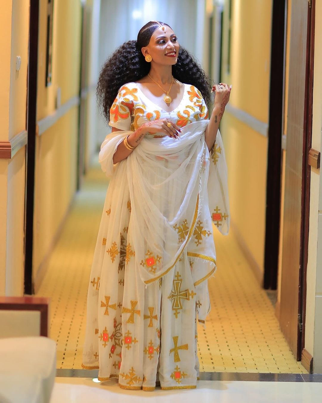Orange With Golden Design Habesha Dress Wedding Habesha Kemis Modern Ethiopian Dress Style