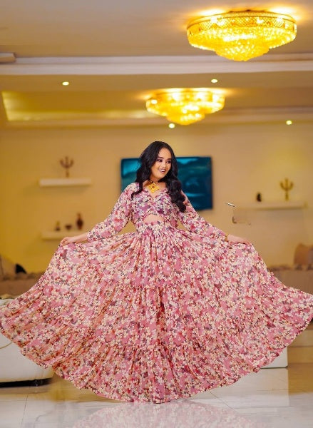 Pink Cutout Stylish Habesha Chiffon