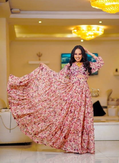 Pink Cutout Stylish Habesha Chiffon: with Floral Details Ethiopian Made Chiffon Dress