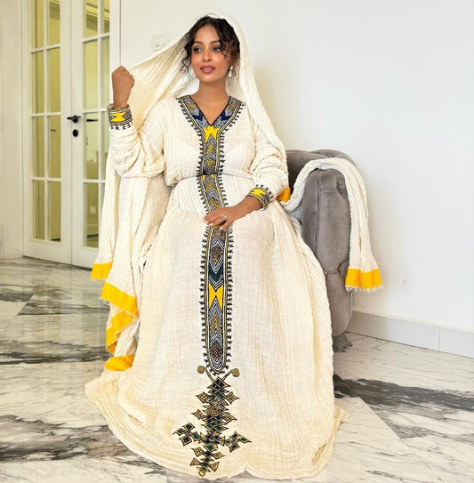 Yellow Design and Darker Tilet Habesha Dress Cultural  Habesha Kemis Ethiopian dress Style