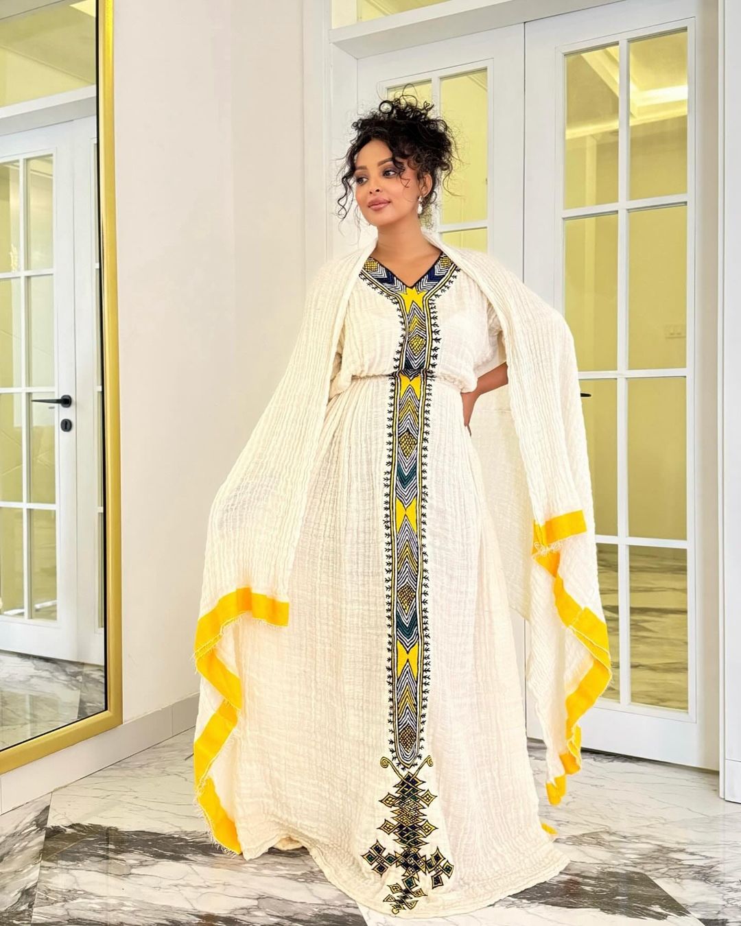 Yellow Design and Darker Tilet Habesha Dress Cultural  Habesha Kemis Ethiopian dress Style