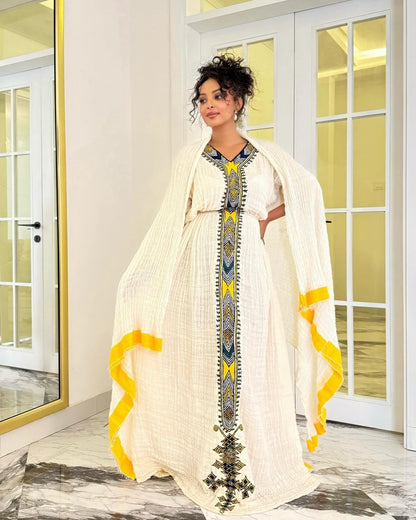 Yellow Design and Darker Tilet Habesha Dress Cultural  Habesha Kemis Ethiopian dress Style