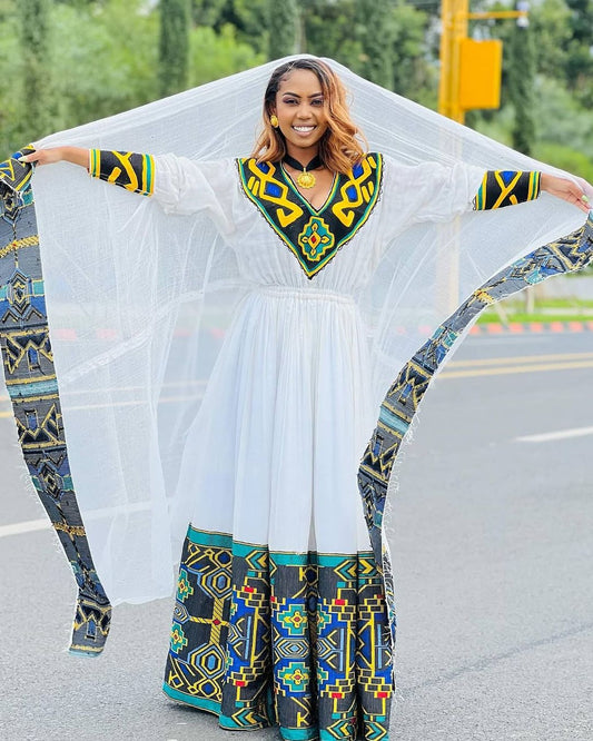 Blue Pattern with Yellow Touch Habesha Dress Modern Habesha Kemis Traditional Ethiopian dress Style