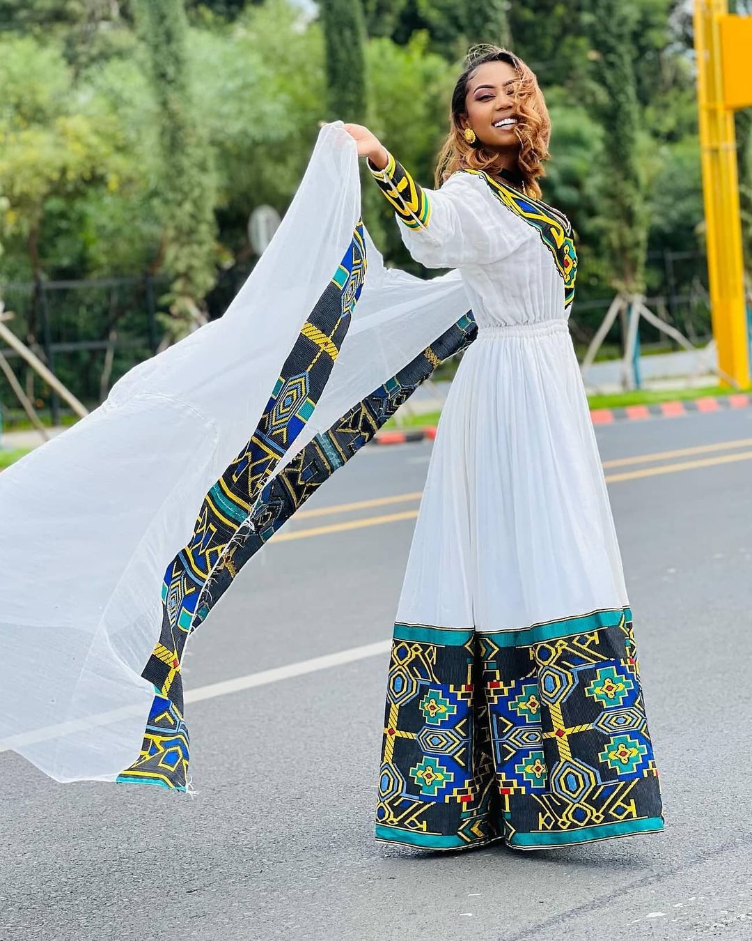 Blue Pattern with Yellow Touch Habesha Dress Modern Habesha Kemis Traditional Ethiopian dress Style
