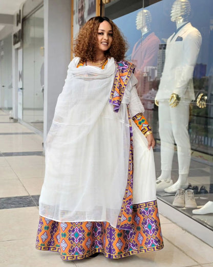 Stunning Orange with Purple Design Habesha Dress Modern Habesha Kemis Traditional Ethiopian dress Style