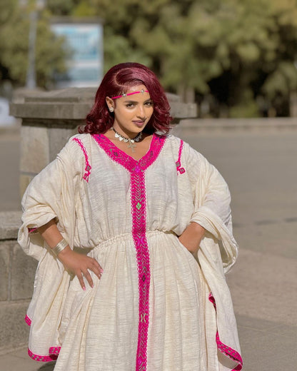 Cultural Elegance Modern Ethiopian Habesha Dress in Pink Fetil Fabric