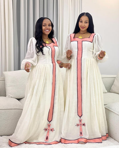 Blush Blossom Modern Ethiopian Dress Simple Pink Tilet Habesha Kemis