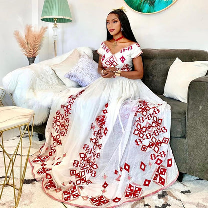 Radiant Modern Ethiopian Habesha Dress with Diamond-Like Red Designs Habesha Kemis