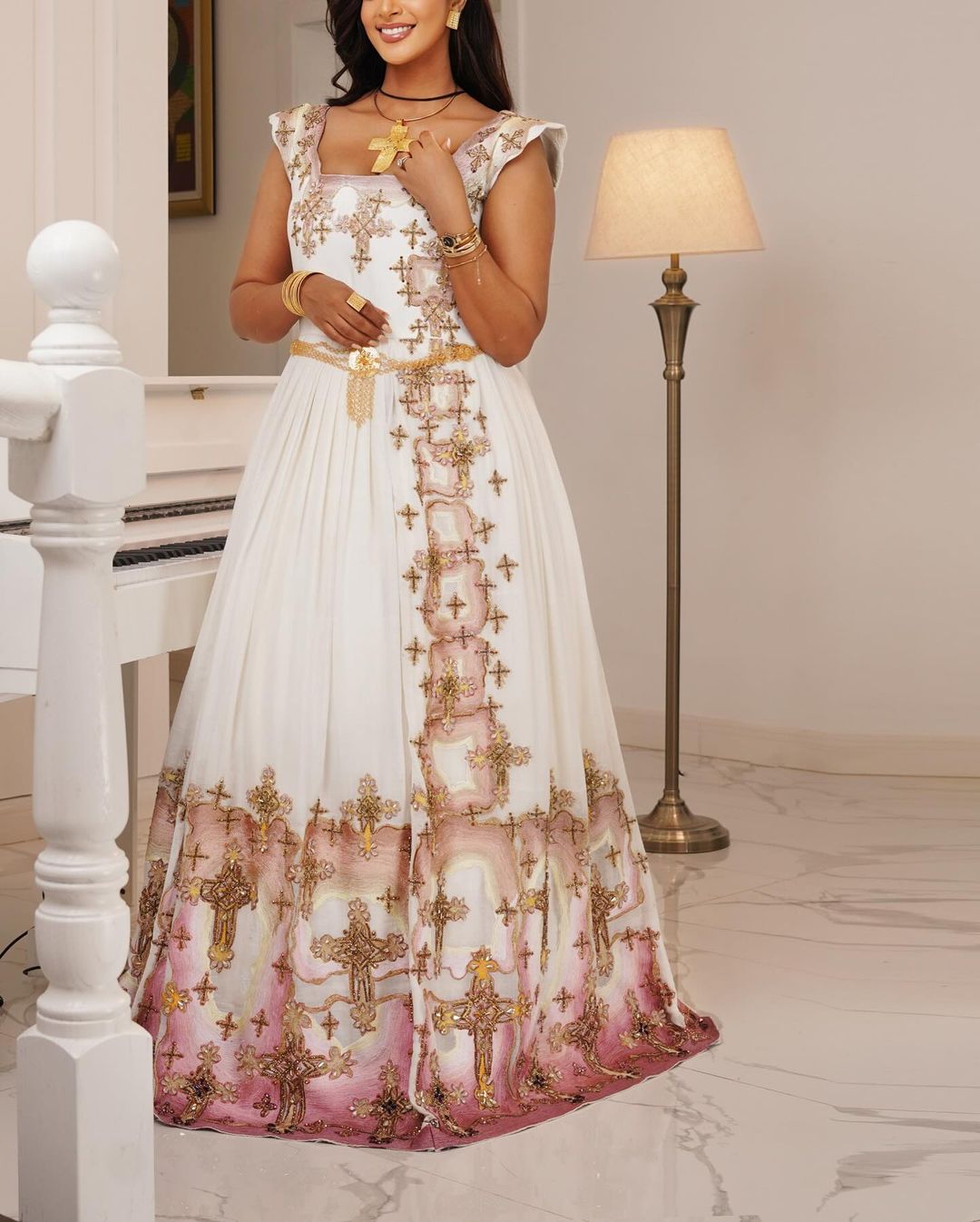 Beaded Modern Ethiopian Dress Light Hues Habesha Wedding Dress
