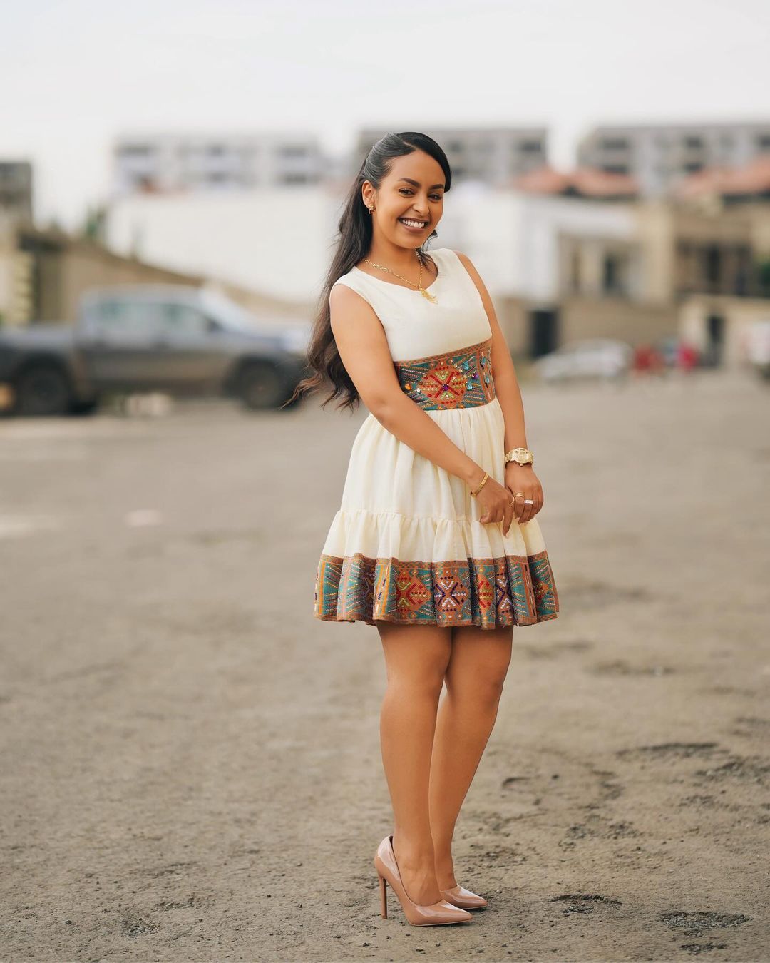 Summer Short Modern Ethiopian Dress Habesha Dress with Beaded Details