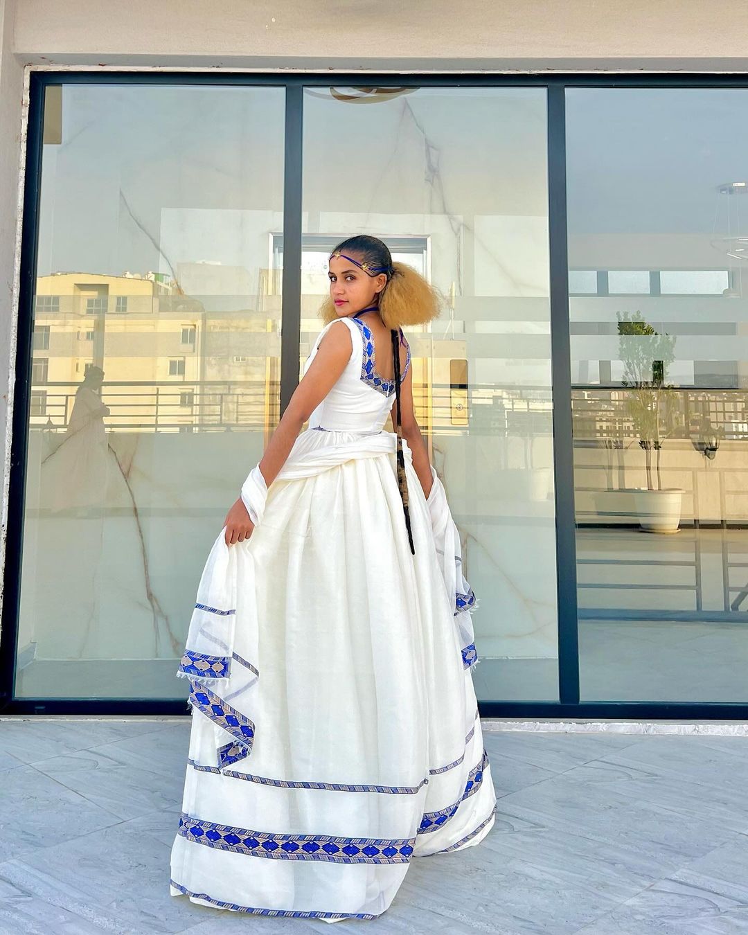 Radiate Elegance in Our Modern Habesha Dress Gorgeous Blue Ethiopian Dress