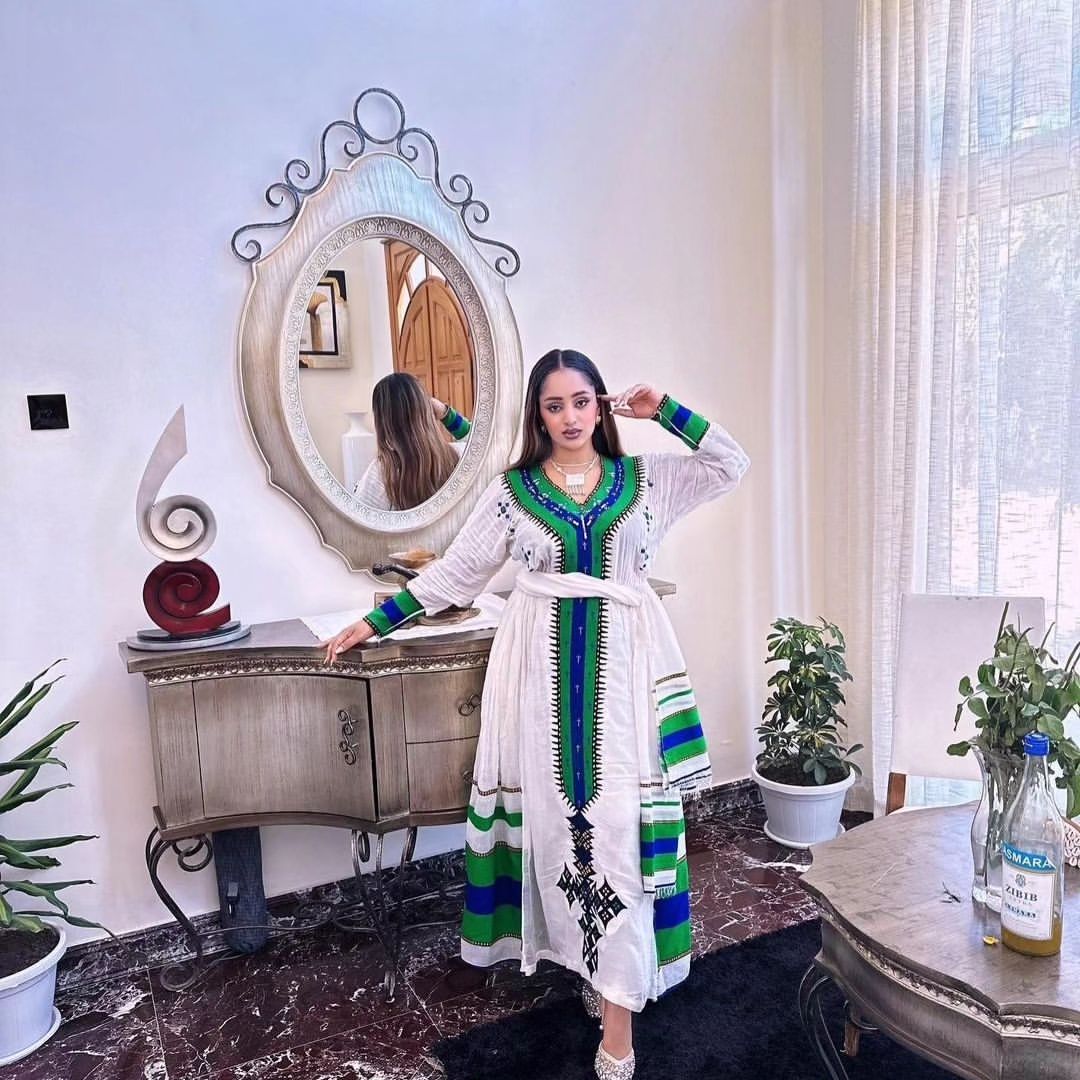 Cultural Ethiopian Dress Vibrant Green and Blue Habesha Dress