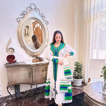 Cultural Ethiopian Dress Vibrant Green and Blue Habesha Dress