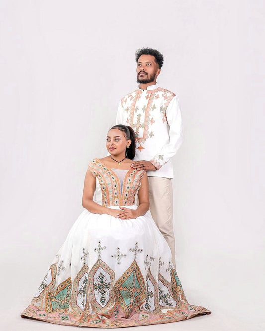 Light Color Habesha Couples Wedding Outfit 