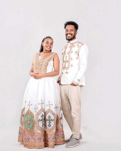Light Color Habesha Couples Wedding Outfit Modern Ethiopian Couples Outfit