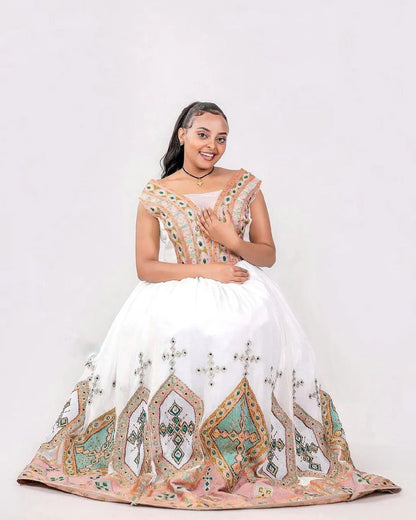 Glowing Colorful Ethiopian Wedding Dress: Cross Stitched Embroidery Habesha Wedding Dress Glamourous Habesha Kemis