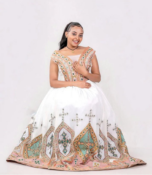 Glowing Colorful Ethiopian Wedding Dress: Cross Stitched Embroidery Habesha Wedding Dress Glamourous Habesha Kemis