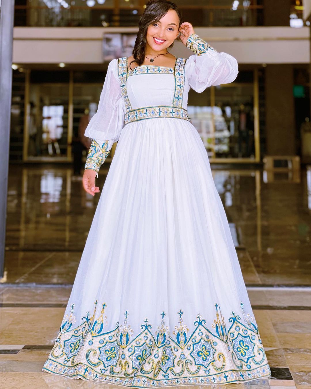 Elegant Modern Light Blue Habesha Kemis A Fresh Twist on Ethiopian Traditional Dress