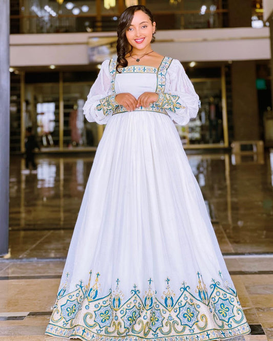 Elegant Modern Light Blue Habesha Kemis A Fresh Twist on Ethiopian Traditional Dress